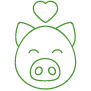 grünes Icon Vegan mit einem Schwein und einem Herz